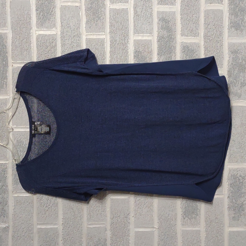 NIC+ZOE Women's Linen Blend Dark Blue Crew Neck Blouse w/ Mesh Back Size Medium
